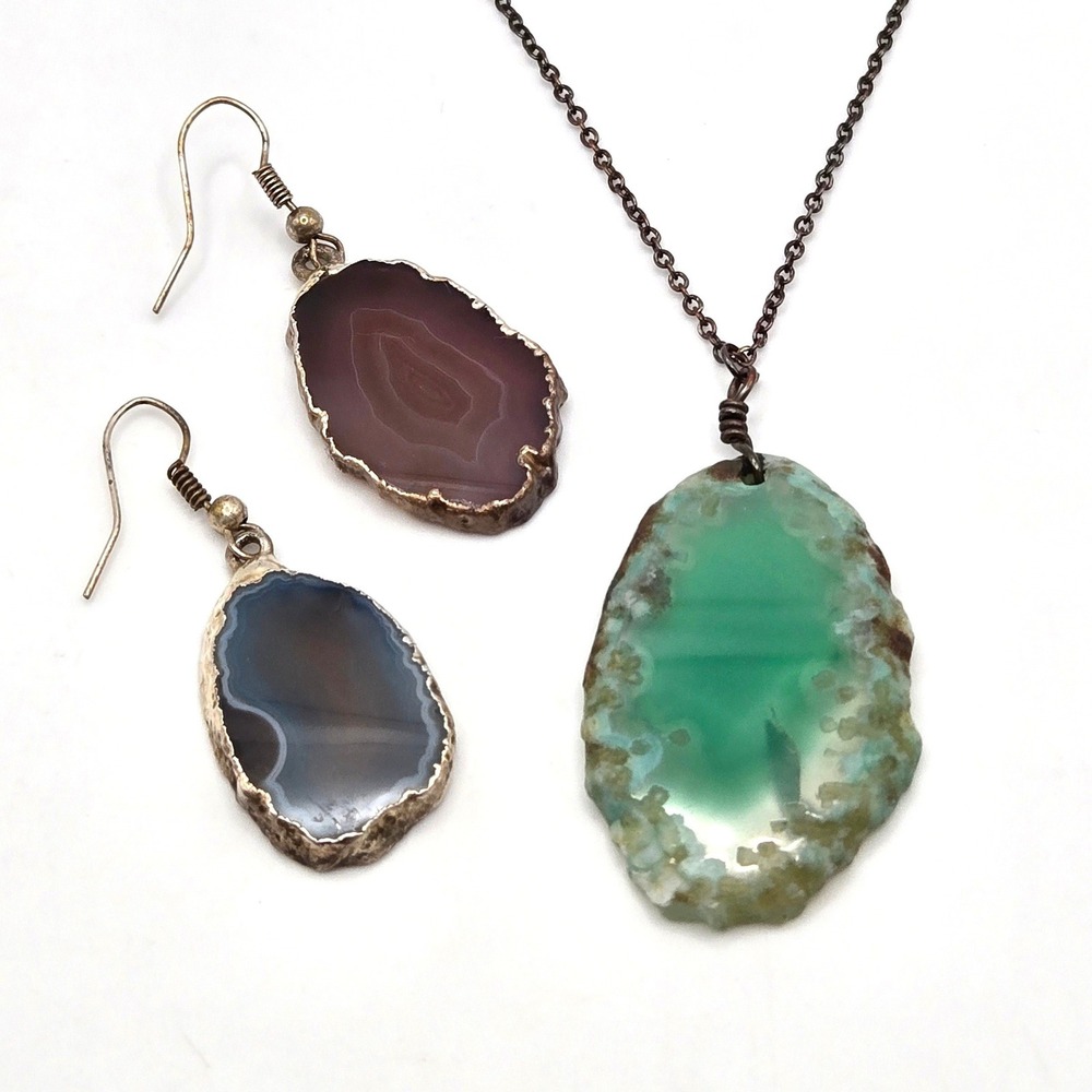 Natural Agate Slice Jewelry Set Green Pendant Necklace Purple Blue Earrings